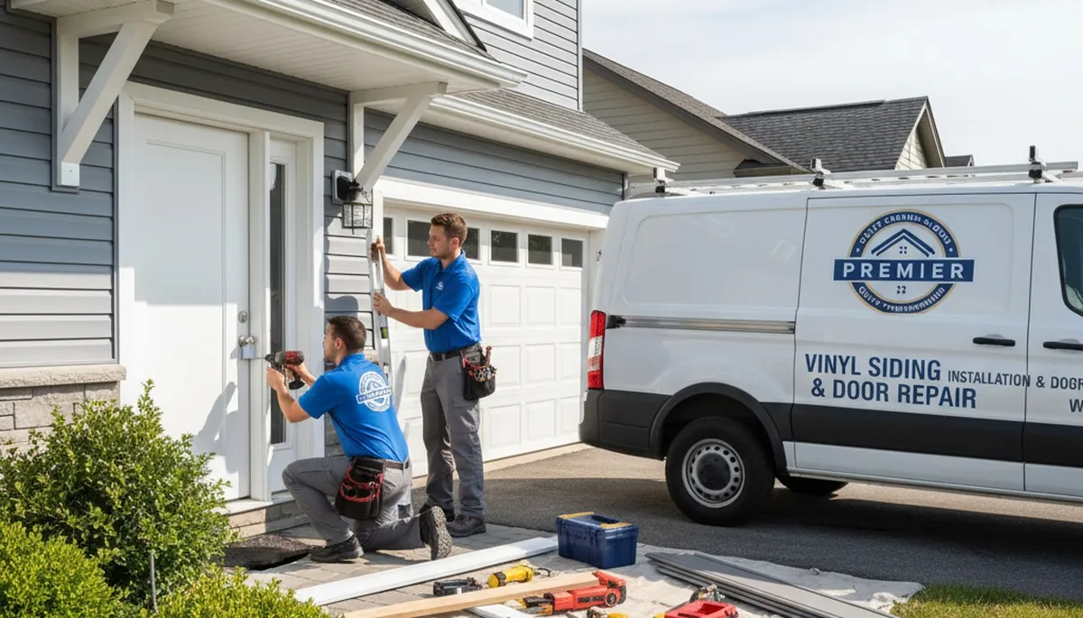 Technician repairing exterior door and vinyl siding in Minneapolis, MN for Next Level Exteriors