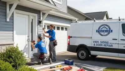 Technician repairing exterior door and vinyl siding in Minneapolis, MN for Next Level Exteriors