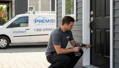 Technician repairing vinyl door frame in Minneapolis, MN for Next Level Exteriors door repair service