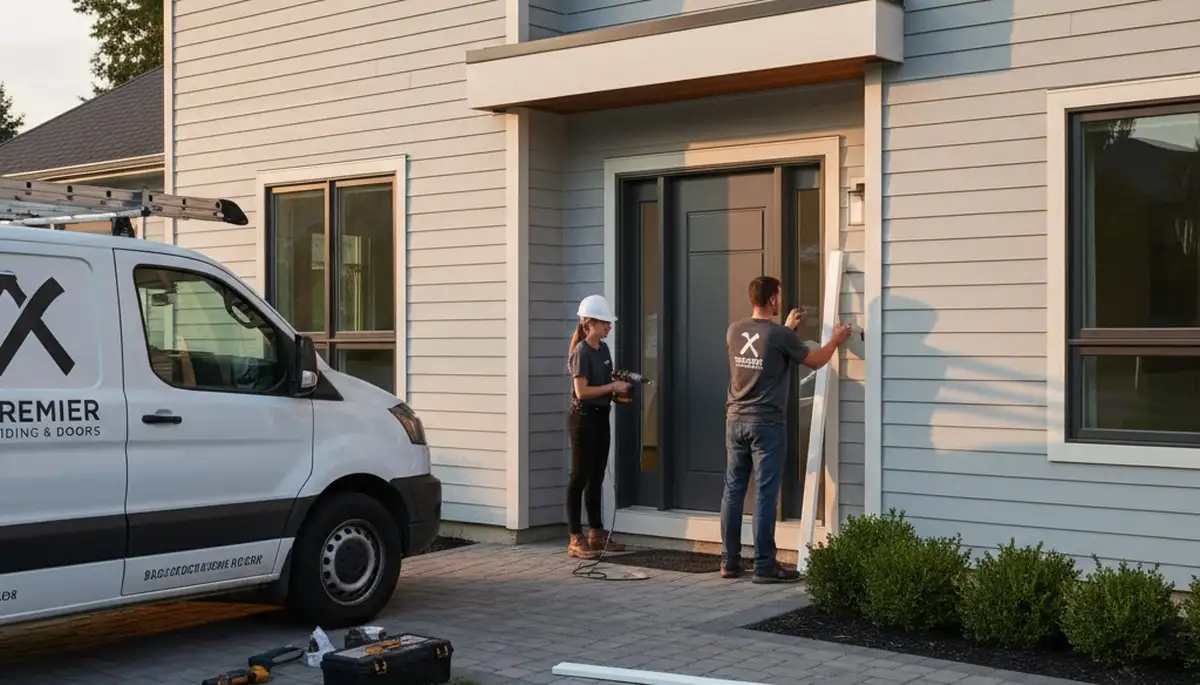 Technician repairing exterior door frame with vinyl siding in Minneapolis MN