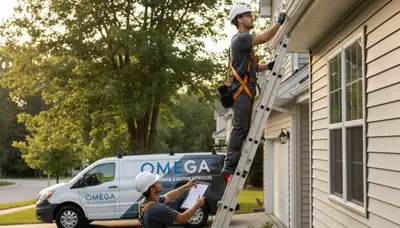 Technician performing gutter inspection on vinyl siding home in Minneapolis, MN