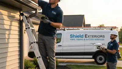 Technician performing gutter inspection on vinyl siding home in Minneapolis MN