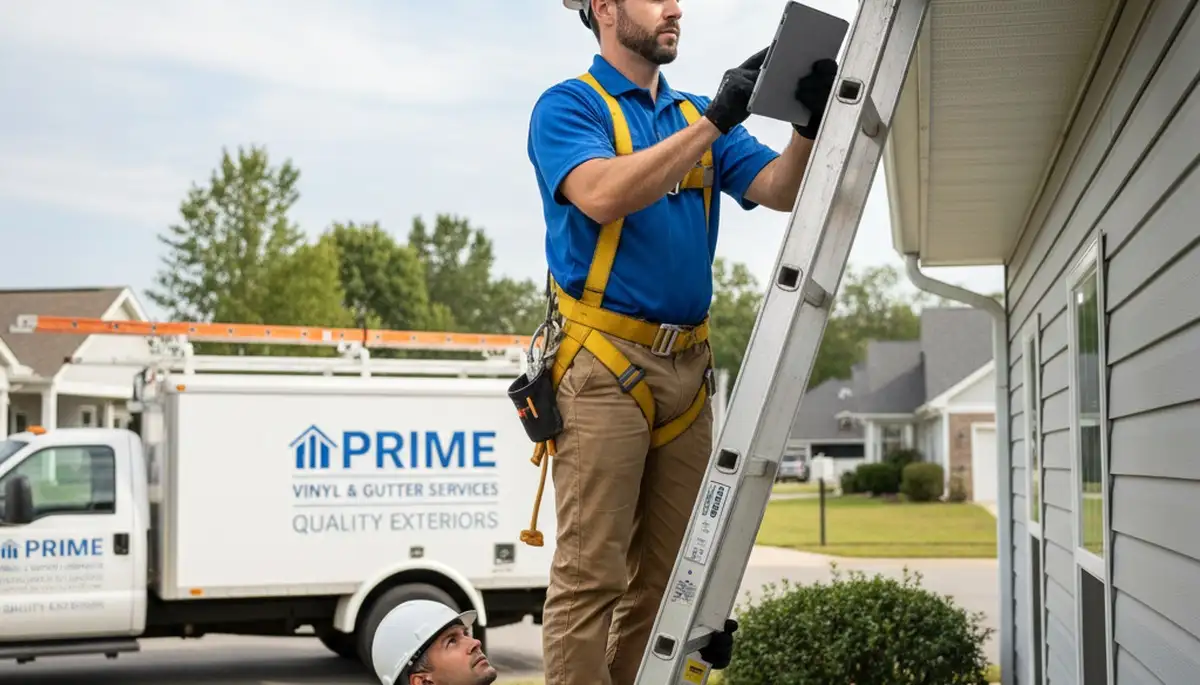 Technician performing gutter inspection on Minneapolis, MN home with vinyl siding