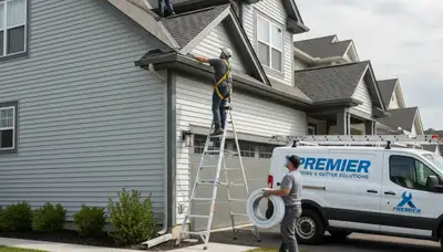 Technician performing gutter repair on Minneapolis, MN home with durable vinyl siding exterior