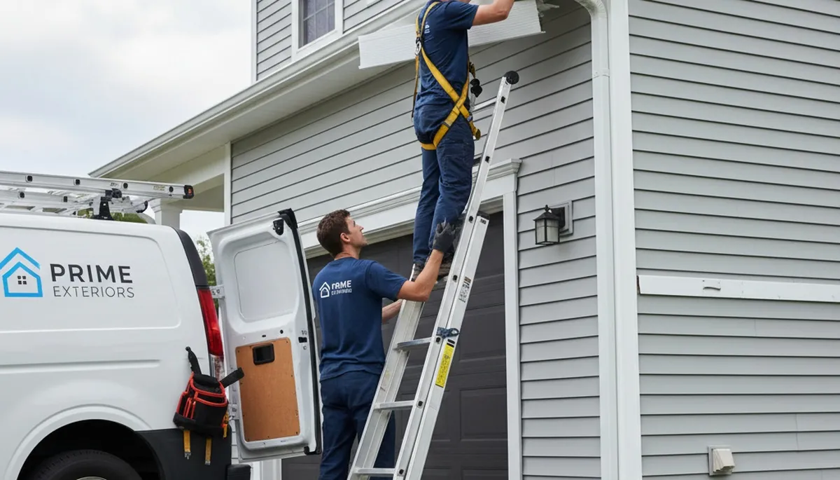 Technician repairing home gutters and vinyl siding in Minneapolis, MN for Next Level Exteriors