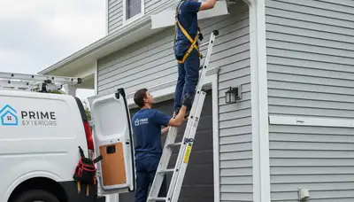 Technician repairing home gutters and vinyl siding in Minneapolis, MN for Next Level Exteriors