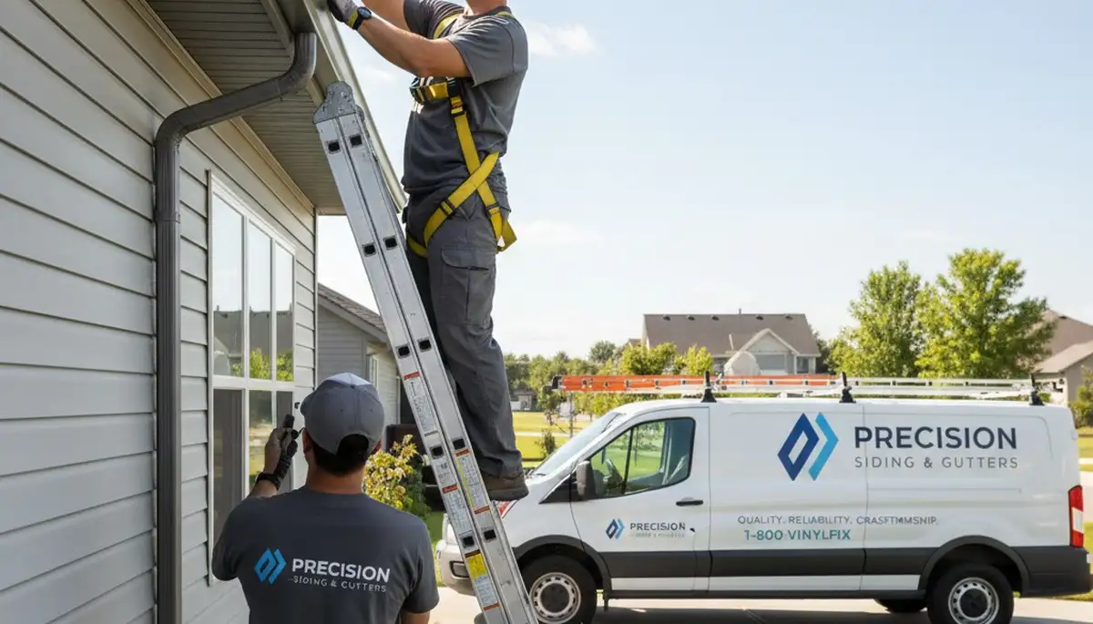 Technician repairing gutter and vinyl siding on Minneapolis MN home exterior
