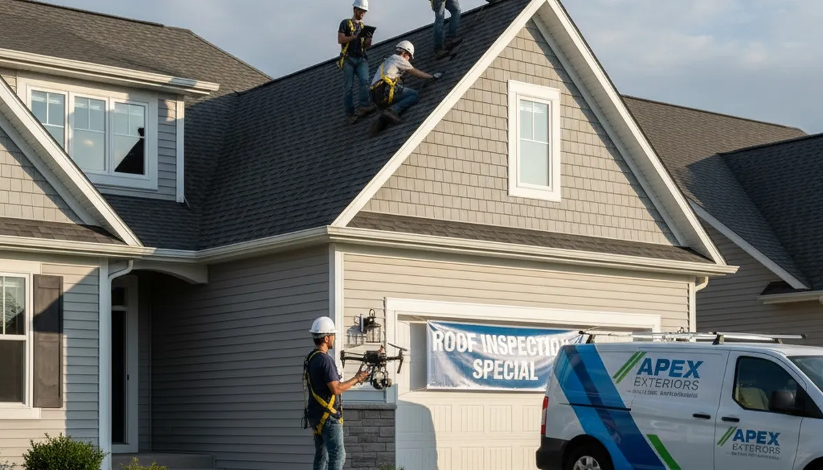 Roof inspection experts checking residential shingles in Minneapolis MN for storm and winter damage