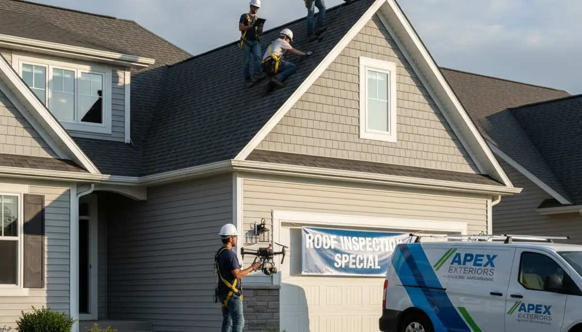 Roof inspection experts checking residential shingles in Minneapolis MN for storm and winter damage