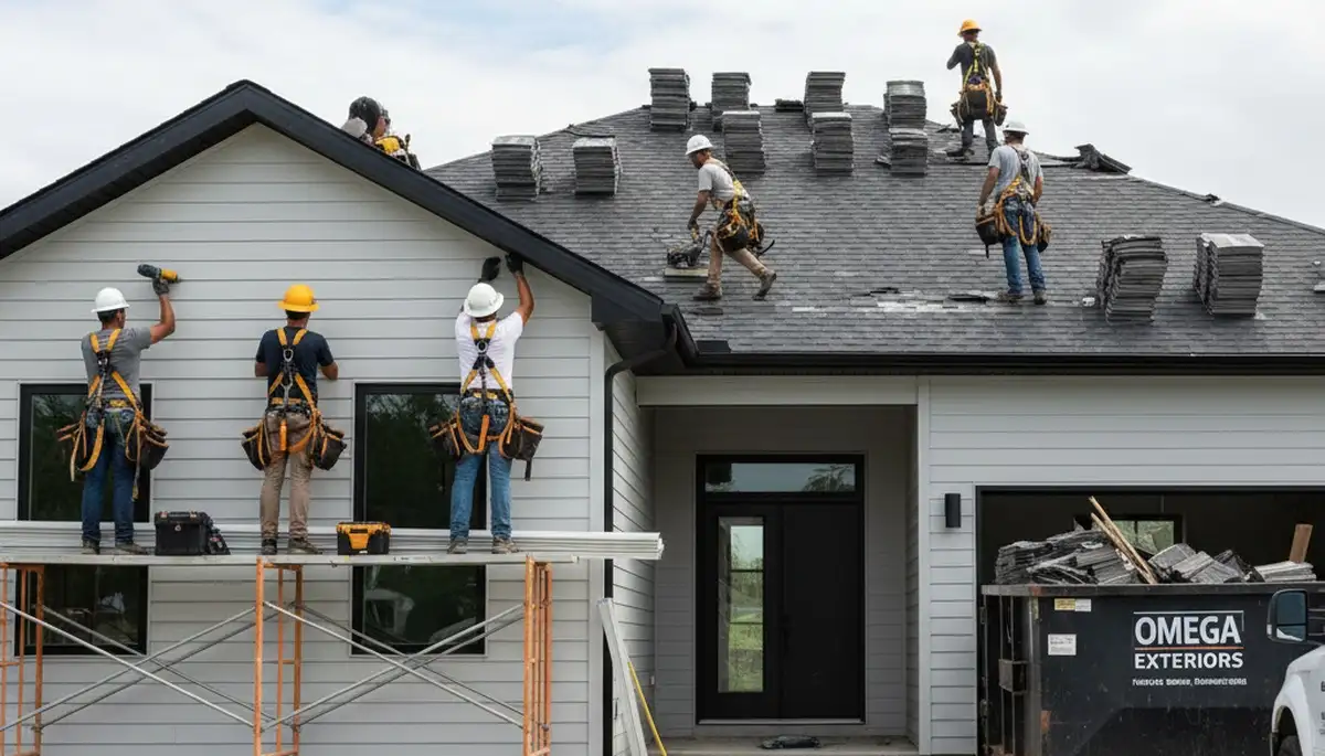 Vinyl siding and roof replacement experts working on a Minneapolis MN home exterior upgrade