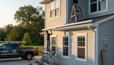Technicians installing seamless gutters on vinyl siding home in Minneapolis, MN