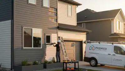 Technician repairing damaged vinyl siding on Minneapolis MN home exterior