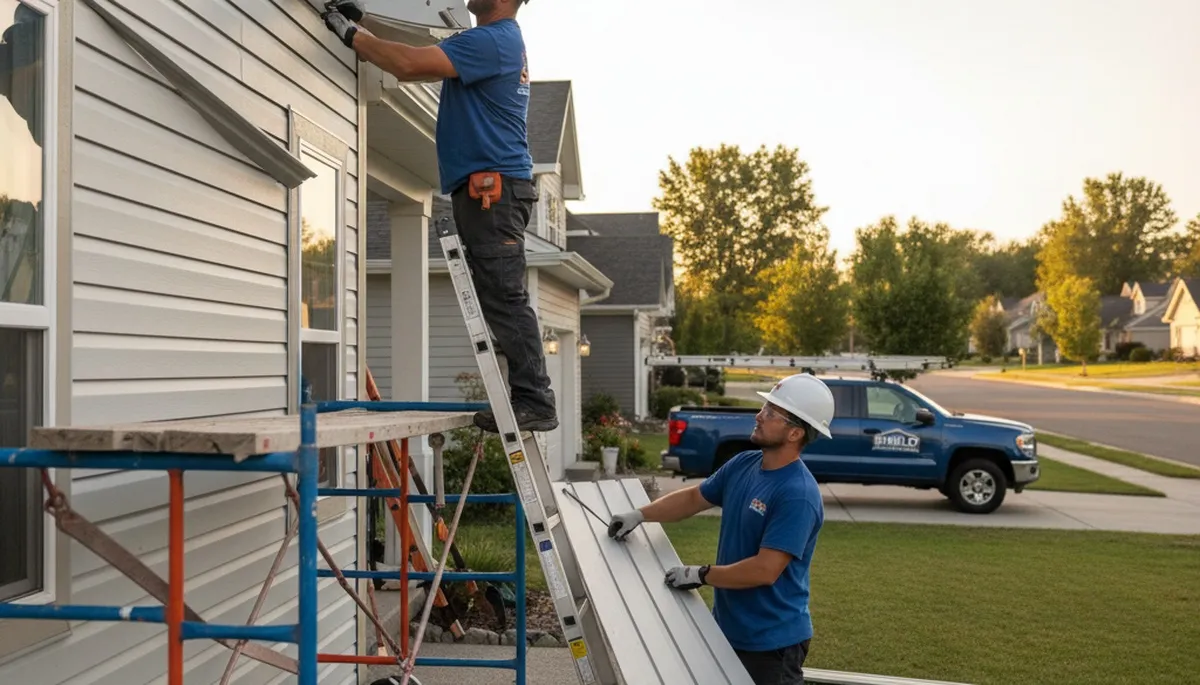 Technician repairing cracked vinyl siding on Minneapolis MN home exterior