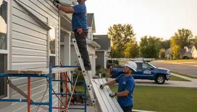 Technician repairing cracked vinyl siding on Minneapolis MN home exterior