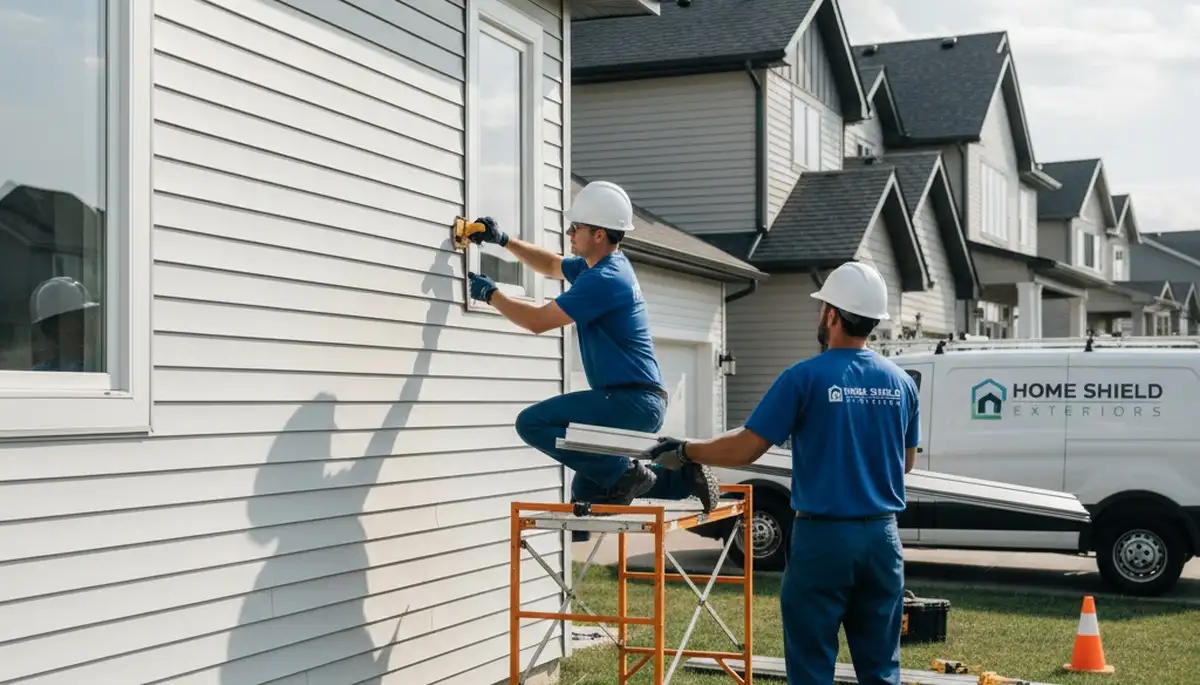 Technician repairing cracked vinyl siding on Minneapolis MN home exterior