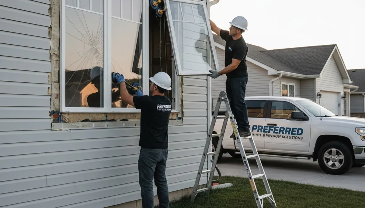 Technician repairing home window and vinyl siding in Minneapolis MN for Next Level Exteriors