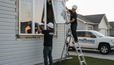 Technician repairing home window and vinyl siding in Minneapolis MN for Next Level Exteriors