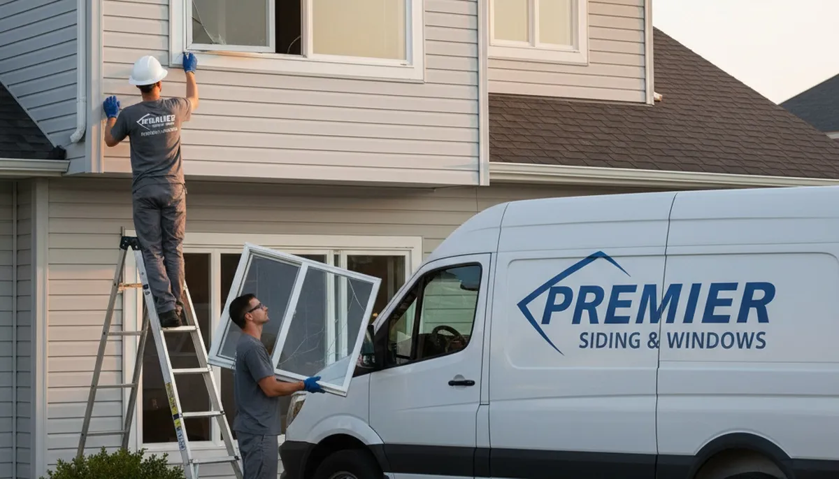 Technician repairing home window and vinyl siding in Minneapolis MN for Next Level Exteriors