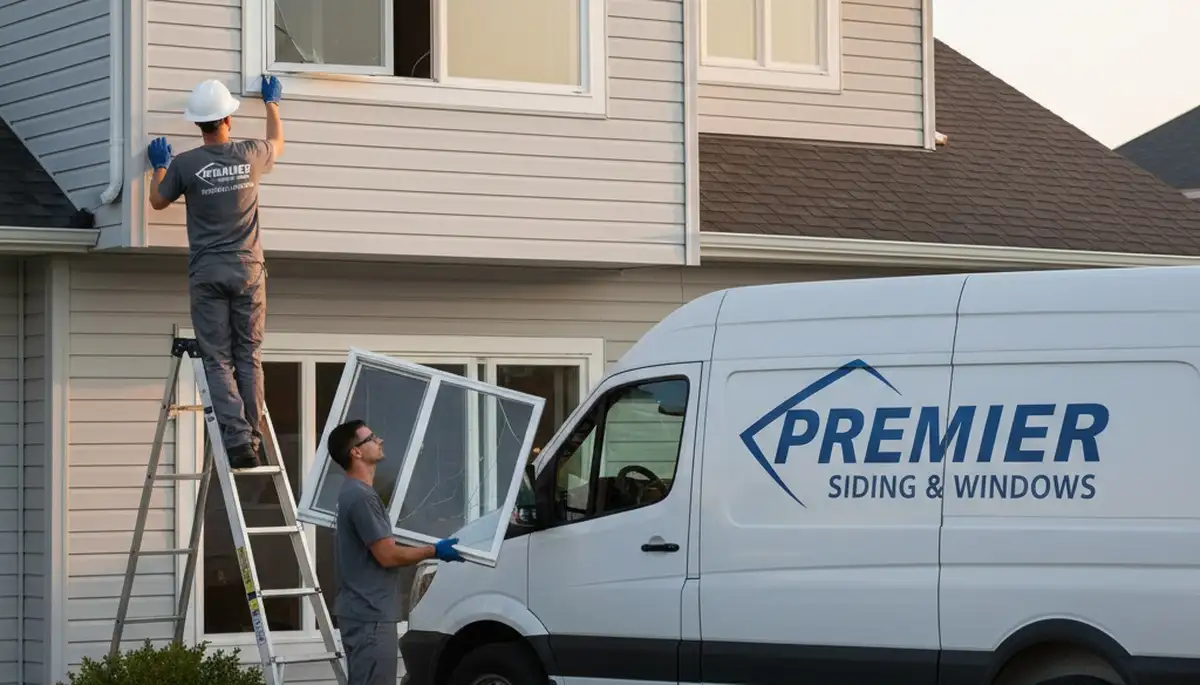 Technician repairing home window and vinyl siding in Minneapolis MN for Next Level Exteriors