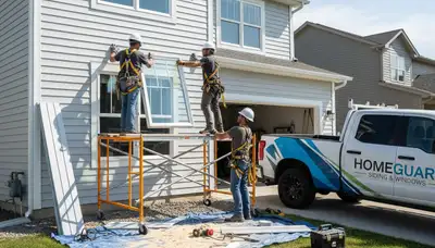 Technician installing energy-efficient vinyl windows on Minneapolis MN home exterior